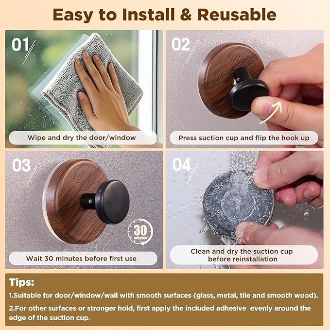 Decorative Suction Cup Hooks, Wreath Hanger, Multi-Purpose Wall Mount for Bathroom, Kitchen, Door, Window, Easy Install 5PCS (Wood Grain)