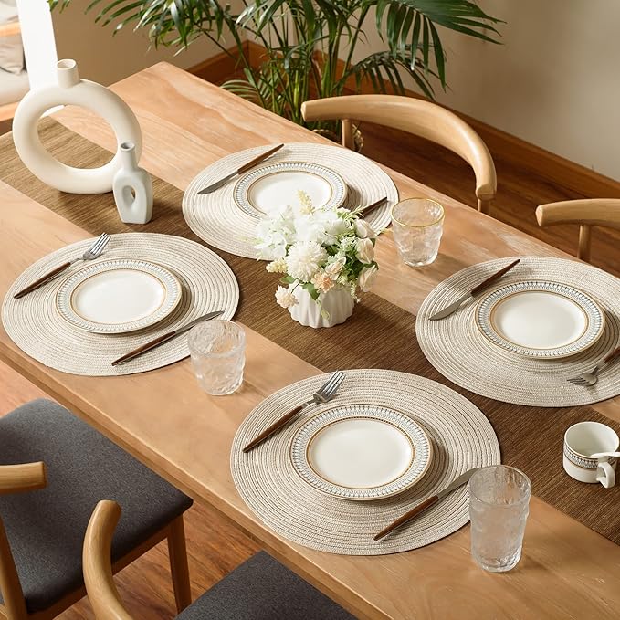 FunWheat Round Braided Placemats Set of 8 Place mats for Dining Tables Woven Heat Resistant Table Mats 15 inch (E Beige, 8pcs)