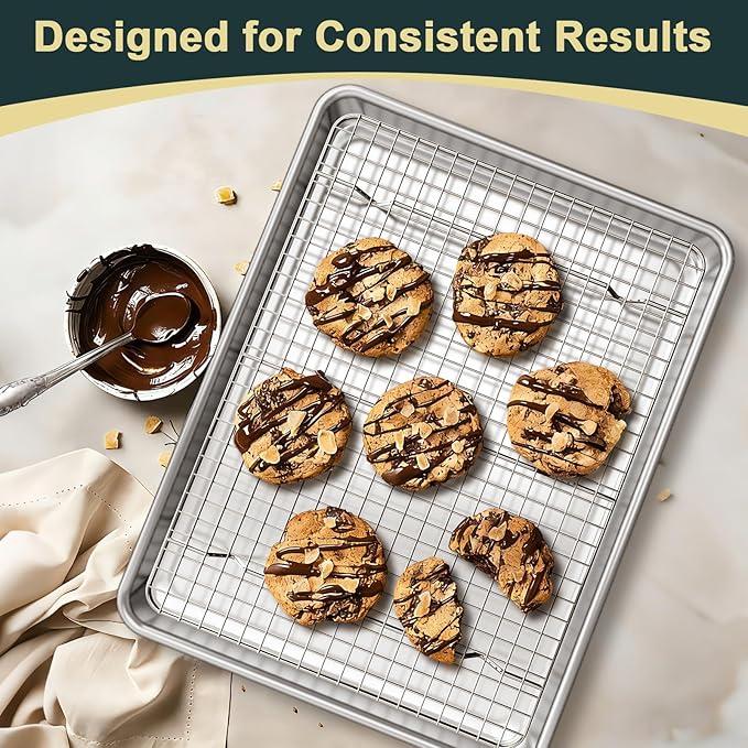 Wildone Baking Sheet with Rack Set (2 Pans + 2 Racks), Natural Aluminum Commercial Quality Cookie Sheet with Cooling Rack, Nonstick Baking Pan, Warp Resistant & Heavy Duty, Half Sheet Size