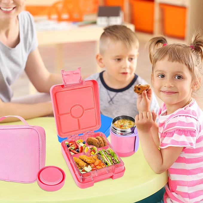 Pawtong Bento Lunch Box Set With 10oz Soup Thermo, Leak-proof Lunch Containers with 4 Compartment, Kids Hot Thermo Food Jar/Insulation Lunch Bag, Food Containers for School(Solid)