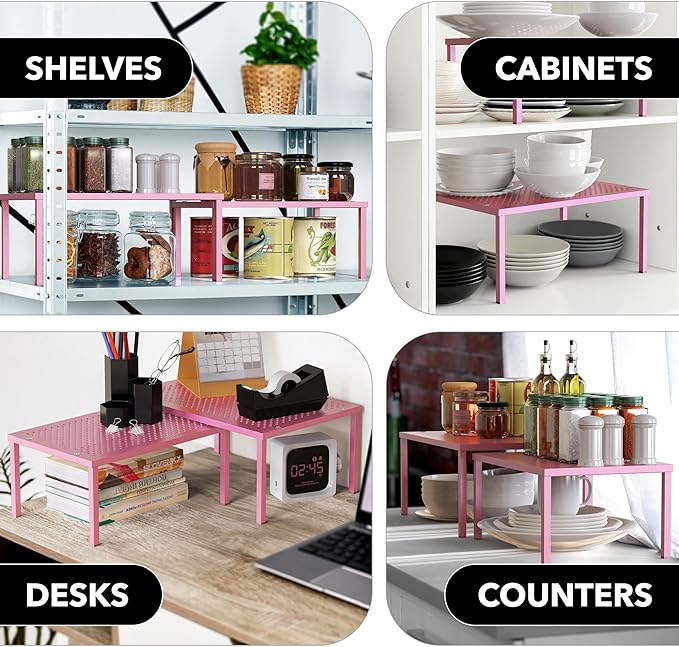 Simple Houseware Expandable Stackable Kitchen Counter Shelf Organizer, Pink, Metal Top, 11.25 in L x 7.9 in W x 5.4 in H