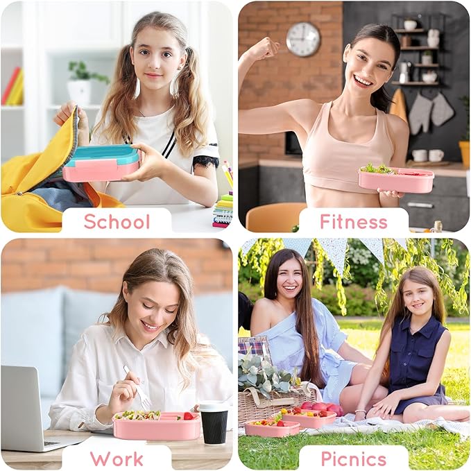 Lunch Box Kid Adult Bento Box, 4-Compartment Food Lunch Containers with Fork & Spoon, BPA Free, Leak-Proof Bento-Style Lunch Box for Work School, Microwave & Dishwasher Safe (Candy)