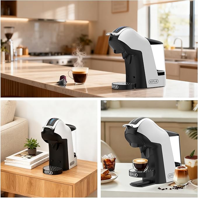 KOTLIE EM-308B Espresso Machine, Single Serve Coffee Maker Compatible with Multiple Capsule Types, Ground Coffee, and ESE Pods, 3 Temperatures, 7 Water Volume Levels, 34 Oz(White)