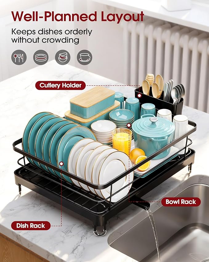 Sakugi Stainless Steel Dish Drying Rack for Kitchen Counter, Sink Organization and Storage Essentials with Silverware & Utensil Holder, Home and Apartment Decor, 12.5''W x 16.5'L, Black
