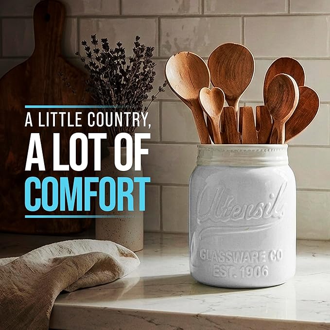 Comfify Wide Mouth Mason Jar Utensil Holder Decorative Kitchenware Organizer Crock - Perfect Cookware Gift - White, Large Size 5.4x6.75