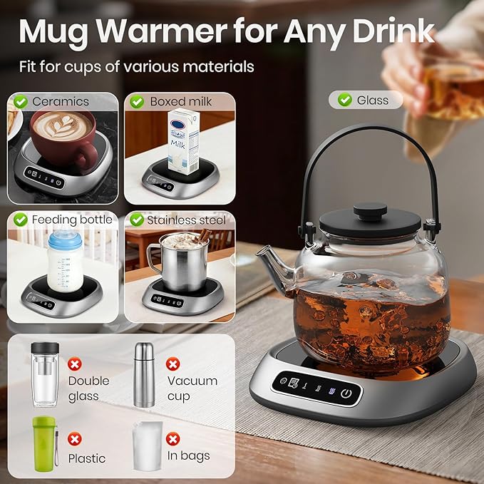 Coffee Mug Warmer, USB Cup Warmer for Desk with 3-Temp Touch Control, 10W Fast Heating Pad for Coffee Tea Milk, 8H Auto-Off, Fits Mugs & Milk Cartons (Gray)