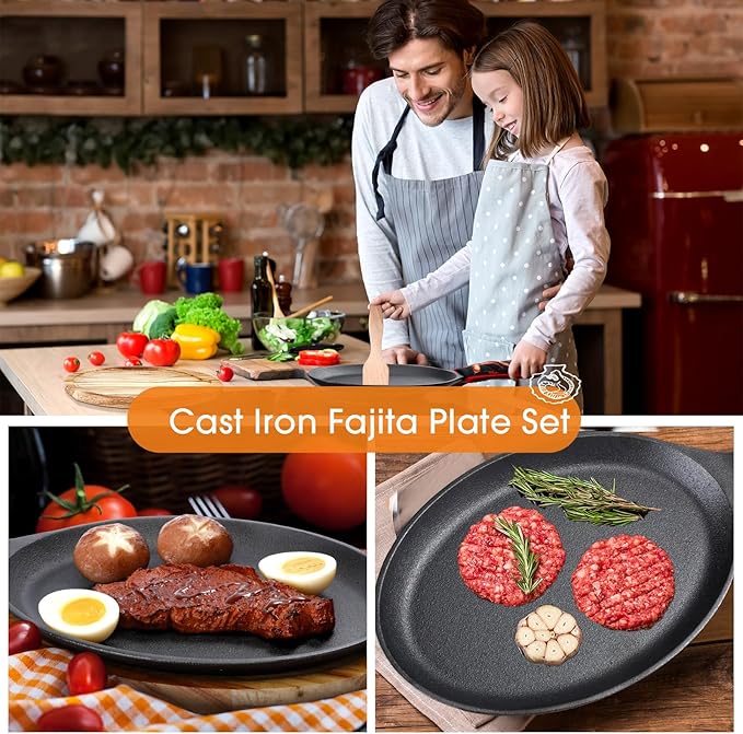 Lallisa 12 Sets Cast Iron Fajita Plate Set Fajita Plate Pan with Wooden Tray Anti Scald Protection Hot Mitt Cast Iron Skillet Set for Home Barbecue Kitchen Party Restaurant Catering Service