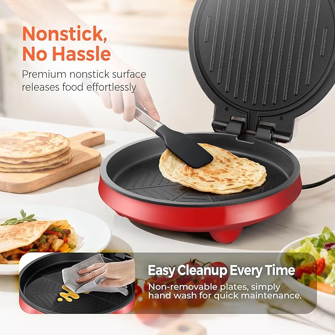3-in-1 Electric Griddle & Panini Press - CACHOO 8" Nonstick Round Griddle and Sandwich Press with On/Off Switch, 180° Open Design, Perfect for Pancakes, Omelettes, Quesadillas, Veggies (Red/Beige)