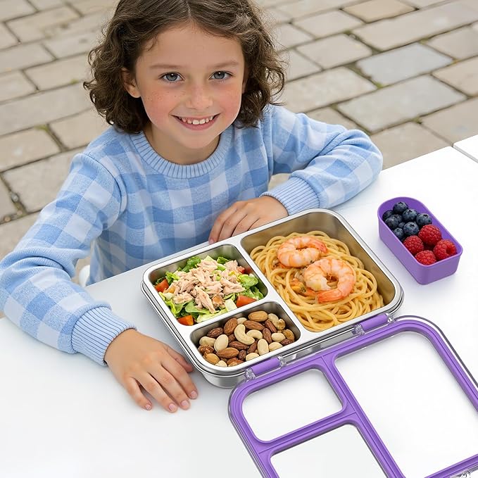 Stainless Steel Bento Box for Kids, 3-Compartment Metal Lunch Box with Clear Lid & Removable Silicone, Lunch Box Kids with Silicone Inner Container for Meal Prep, School, Office (Purple)
