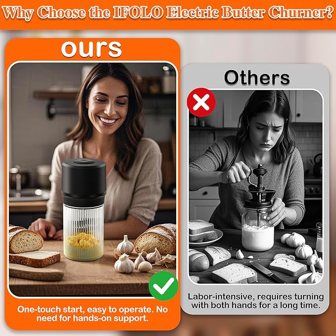 IFOLO Electric Butter Churner – One-Touch Butter Maker, 34oz Food-Grade Glass Jar with High-Speed Brushless Motor, Freshly Made in Just 5-10 Mins.