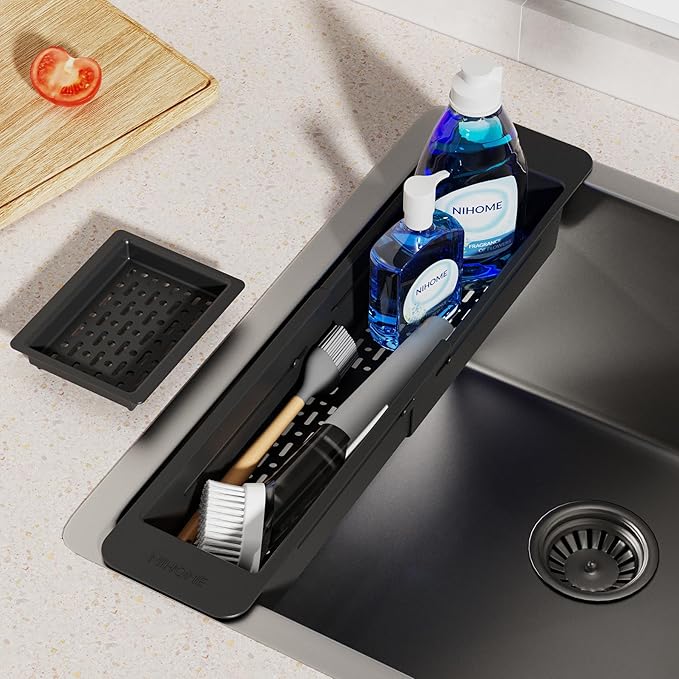 NiHome Extendable Over Sink Kitchen Organizer, Small Telescopic Brush Storage Rack for Sponge, Non-Slip Pads Expandable Sink Caddy, Adjustable Sponge/Brush Rack with Drainage Durable ABS (Black)