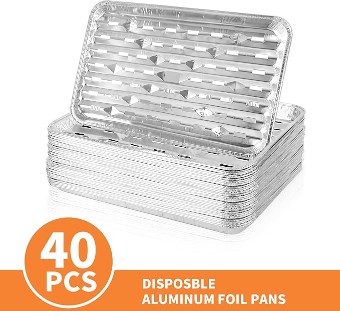 40 Pack Disposable Broiler Pans with Holes, 13.4 x 9 x 0.7 inch Aluminum Foil Grill Pans for Oven, Baking, BBQ, Takeout, Meal Prep