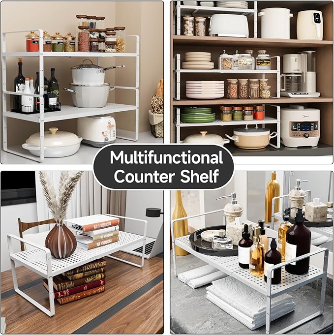 Expandable Cabinet Countertop Shelves 16.5-27’’L, Adjustable Metal Spice Rack Organizer, Stackable Kitchen Counter Storage Shelves Organizers for Cabinet Organization, White