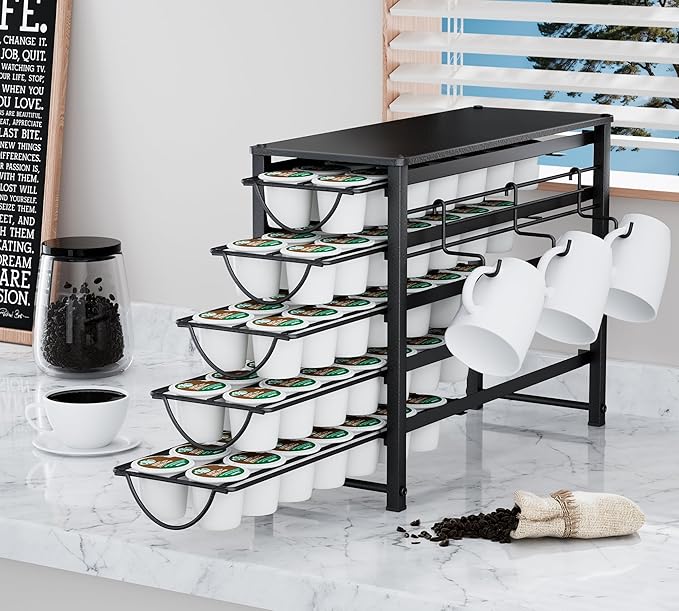HFHOME Coffee Pod Holder For Counter, Pod Holder for K-cups, 5-tier Metal Coffee Capsule Storage Drawer, 70 Capacity Pods Organizer for Cafe Counter, Home, Office or Kitchen,3 cup rack, Black