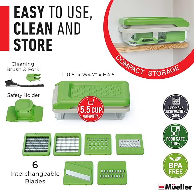 Mueller Vegetable Chopper, Mandoline Slicer, Food Veggie Chopper, Cheese Grater, Onion Vegetable Cutter with Container, Dicer, Kitchen Gadgets & Essentials, White Sand/Green