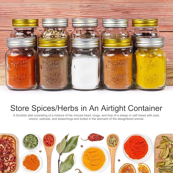CycleMore 30 Pack 4oz Glass Mason Spice Jars, Round Spice Containers with Silver Metal Caps and Pour/Sift Shaker Lids-80pcs Labels,1 Silicone Collapsible Funnel,1 Brush and 1pcs Pen Included