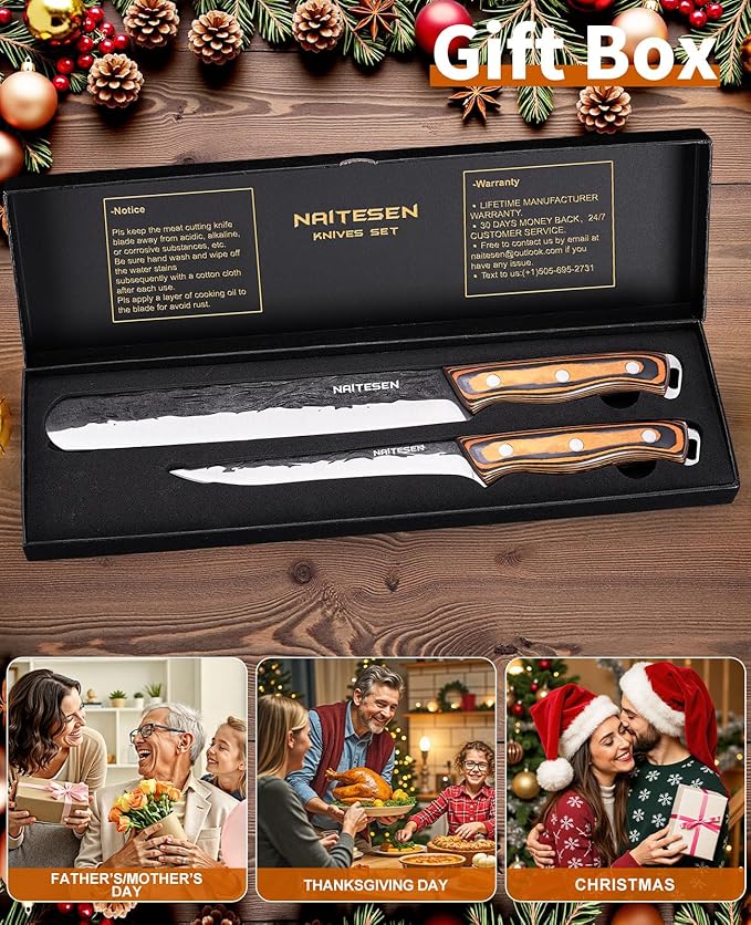 Naitesen Professional Brisket Carving Knife Set for Men, Grilling Knives, Hand Forged Super Sharp Butcher Slicing Knife Boning Knife for Meat Turkey Cutting Home Kitchen BBQ
