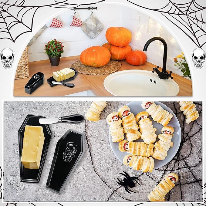 Reallnaive 2 Pcs Coffin Butter Dish with Lid Set with Butter Knife Black Gothic Skull Shape Ceramic Halloween Gothic Horror Kitchen Utensils Gift for Halloween Table Decoration Party Supplies(Flat)
