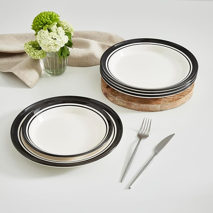 Portmeirion Potter's Stripe 10.5" Dinner Plate (Set of 4) - Handcrafted Earthenware Plates with Accent Rim, Microwave & Dishwasher Safe - Ideal Tableware for Modern & Traditional Dining (Black Stripe)