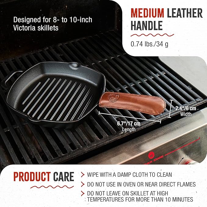 Victoria Leather Handle Cover for Cast Iron Skillets, Heat-Resistant Pan Handle Sleeve, Handmade in Colombia, Medium