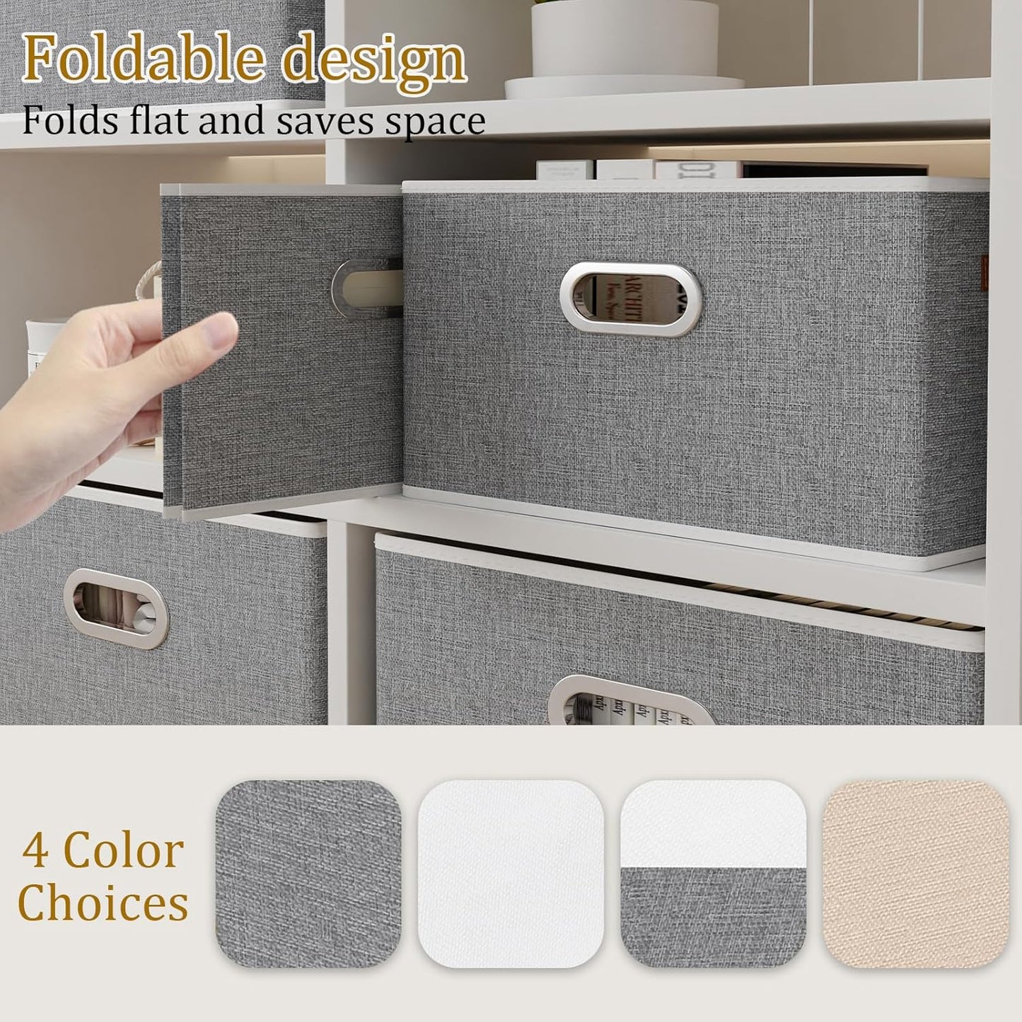 Yawinhe Foldable Storage Baskets for Shelves, Fabric Closet Organizers, Bins with 3 Handles, Cubes for Clothes, Grey, 15''Lx9.8''Wx8.3''H, 4-Pack