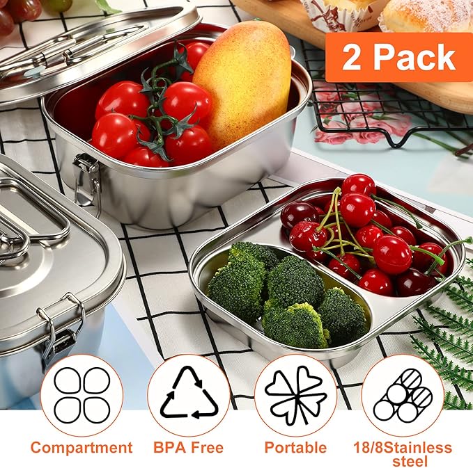 2 Pieces Metal Bento Box for Adults Metal Lunch Box Stainless Steel Bento Containers Leakproof Dual Tiers Lunch Container With Airtight Valve Handle Dishwasher Safe(Small)