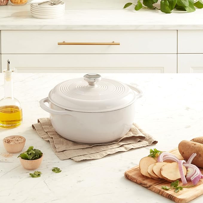 Lodge 4.5 Quart Enameled Cast Iron Dutch Oven with Lid – Dual Handles – Oven Safe up to 500° F or on Stovetop - Use to Marinate, Cook, Bake, Refrigerate and Serve – Oyster White