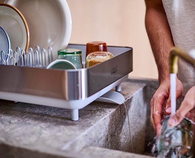 Joseph Joseph Extend Steel Plus Extendable Dish Rack Steel, Small to Large Dish Drainer with Wine Glass Holder & Drain Spout