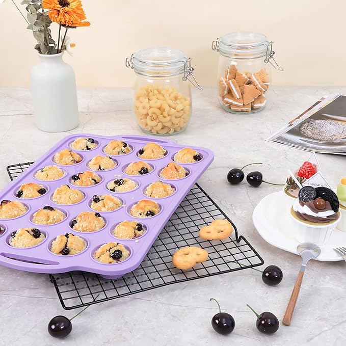 Mini Silicone Muffin Pan with Metal Frame, Non Stick Silicone Cupcake Pan with Handles 24 Cup, BPA Free Silicon Muffin Tin Tray Small for baking, egg bites, Cupcake Mold Purple