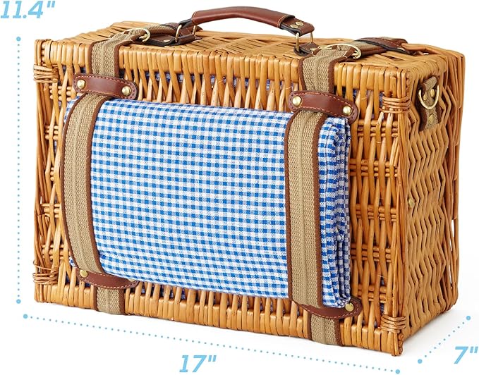 Wicker Picnic Basket Set for 2 Person with Cooler Compartment and Waterproof Picnic Blanket,Removable Strap,Cutlery Set,for Camping,Day Travel,Beach,Hiking,BBQ and Family/Couples Gifts