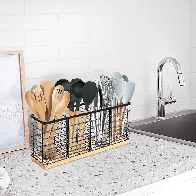 Suli Extra Large Kitchen Utensil Holder Countertop with 4 Compartments,Matte Black Metal holder with Wooden Base for Countertop,Farmhouse Utensil Organizer for counter,Rustic Cooking Utensil Organizer