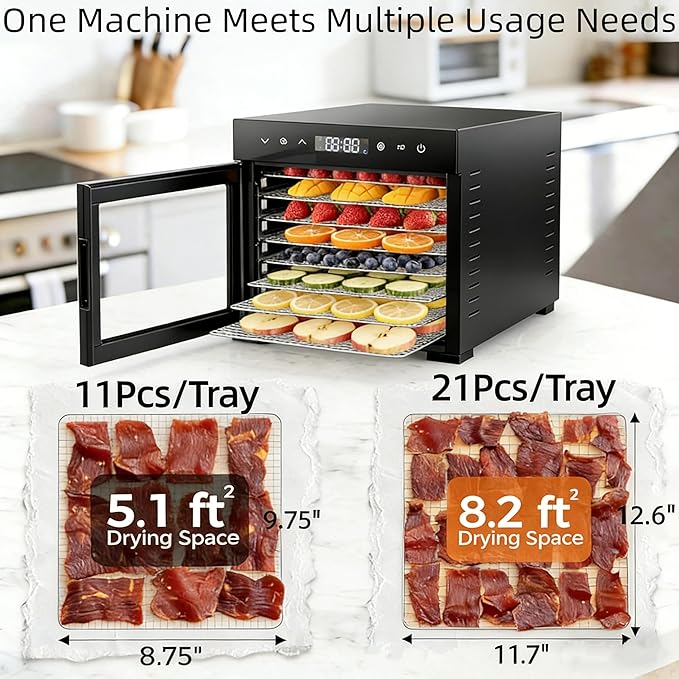 Simple Deluxe Food Dehydrator Machine, Fruit Dryer Machine with 8 Stainless Steel Trays, 24H Digital Timer 185°F Temperature Control, 500W Food Dryer for Jerky Meat Herb Fruit and Dog Treat, Black