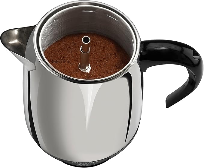 Farberware Electric Coffee Percolator, FCP240, Stainless Steel Basket, Automatic Keep Warm, No-Drip Spout, 4 Cup, Black/Silver