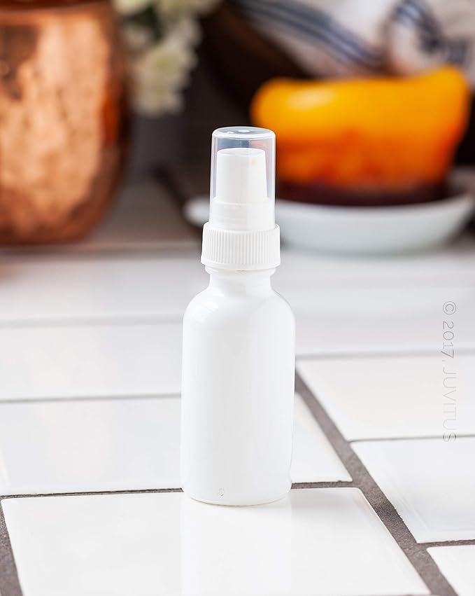 JUVITUS 1 oz / 30 ml High Shine Gloss White Glass Boston Round Bottle with White Treatment Pump (12 Pack)