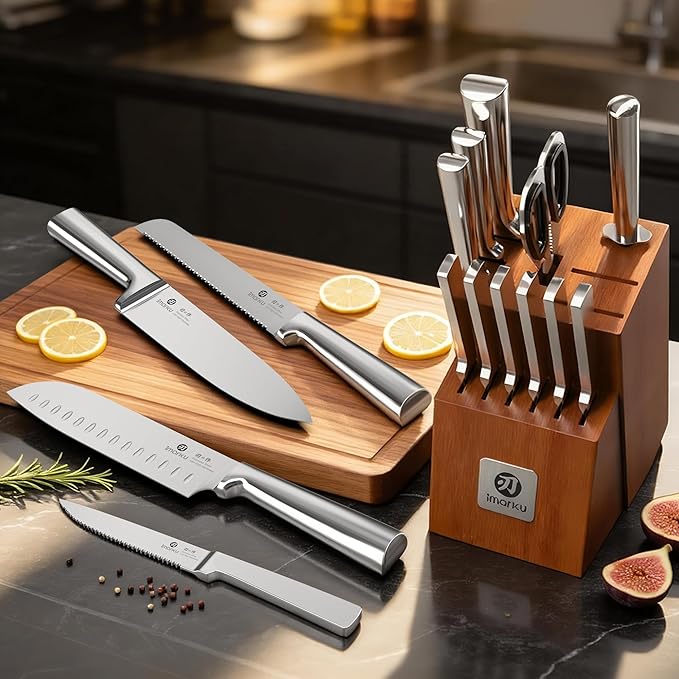 imarku 15-Piece Knife Block Set Built-in Sharpener, Japanese High Carbon Stainless Steel Kitchen Knife Set, Dishwasher Safe, Chef Knife Set with Wooden Knife Block, Steak Knives for Kitchen Cooking