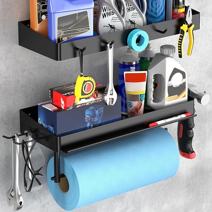 ZUNTO Garage Paper Towel Holder with 2 Shelves, Black Paper Towel Holder with Hooks, Wall Mount Paper Towel Rack for Organization and Storage, Drilling