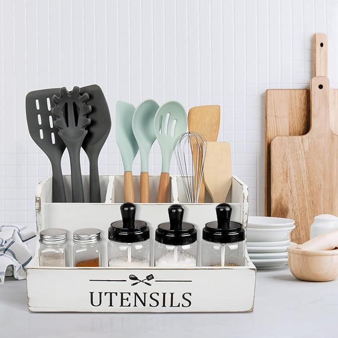 RedCall Extra Large Kitchen Utensils Holder 4 Compartments,Wood Utensil Organizer for Kitchen Countertop,Farmhouse Cooking Utensil Holder with Spice Storage space (Antique)