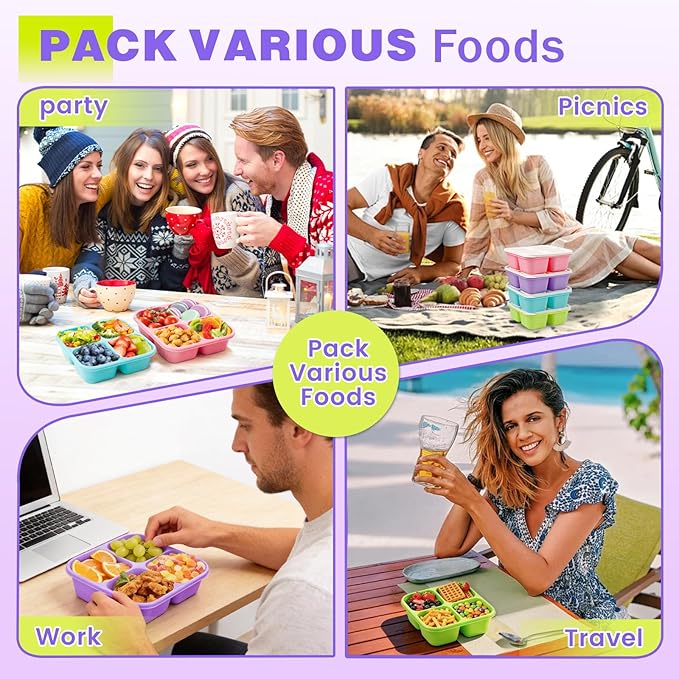 4 Pack Snack Containers Bento Box Adult Lunch Box,Meal Prep Container, Reusable Food Storage lunch Containers Stackable for Work, Travel and Gym (Grass Green, Pink, Green, Purple)