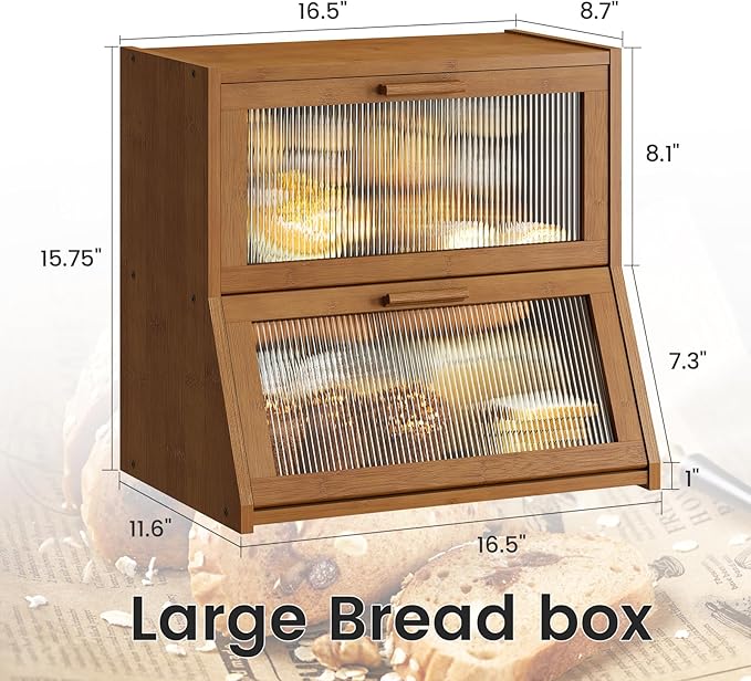 GHWIE Double Layer Bamboo Bread Box for Kitchen Counter,Large Capacity Bread Storage Bin,Bread Container with Acrylic Wavy Door Panel (Brown, Extra Large)