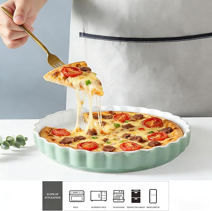 Quiche Baking Dish,Ceramic Pie Pan 11 Inch Reusable,Pizza Pan,Non-Stick Round Tart Pan with Ruffled Edge Microwave Dishwasher and Oven Safe (GREEN)