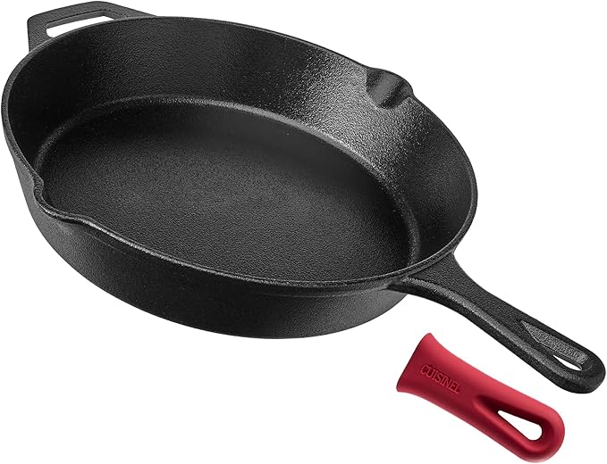 Cuisinel 12‑Inch Cast Iron Skillet – Pre‑Seasoned Frying Pan with Assist Handle & Silicone Handle Holder – Oven, Stovetop, Grill & Campfire Safe Cookware – PFAS & PFOA‑Free