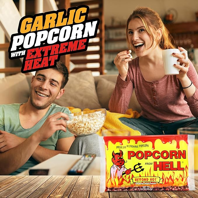 Popcorn from Hell 6 Bags - Ultimate Spicy GARLIC Gourmet Popcorn Gift - Makes a Great Movie Theater Popcorn or Snack Food for Movie Night