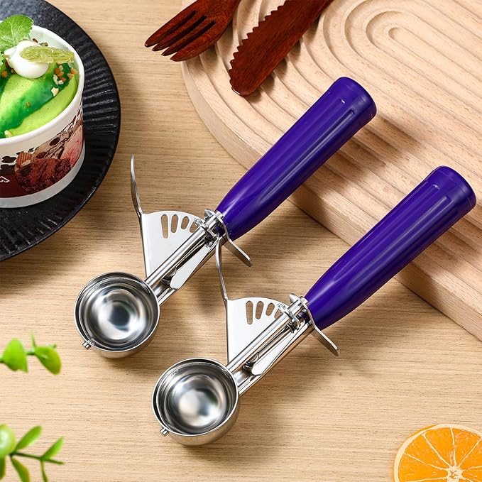 Reallnaive 2 Pcs Release Cookie Scoops Ice Cream Scooper with Trigger Release Portion Scoop Stainless Steel for Portion Control, Baking Food, Cookie Dough (0.75 oz,Purple)
