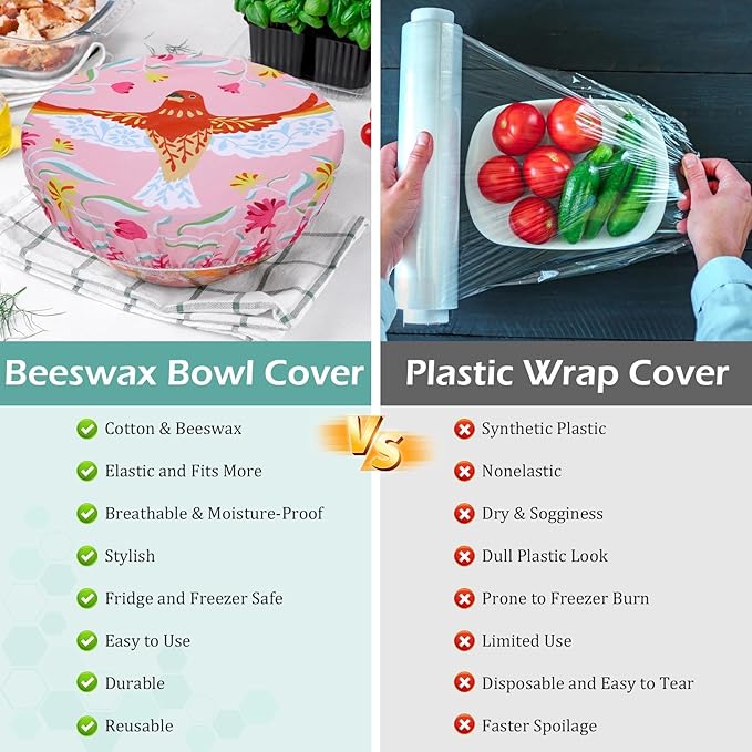 5-Size Reusable Beeswax Bowl Covers for Bread Proofing, Cotton Cloth Flexible Beeswax Wraps for Food Storage(Floral Bird)