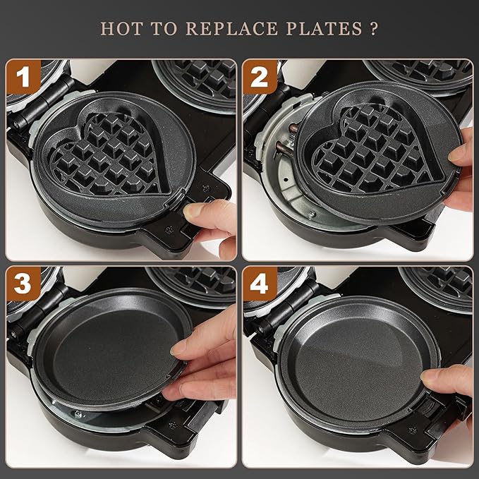 UVFAST Mini Waffles Maker with 8 Removable Plates, 4 in 1 Double Small Waffle Maker Mini- Classic Waffle, Heart Waffle, Griddle, Donut, 5" Non Stick Waffle Iron for Kids and Families, Black