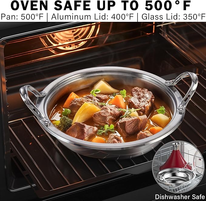 Cooks Standard Moroccan Tagine Pot 3.6 Qt, 11 Inch Multi-Ply Clad Stainless Steel Pan with Dual Handles, Clay Pot Alternative for Slow Cooking, with Conical Die-Cast Aluminum & Glass Lid, Red
