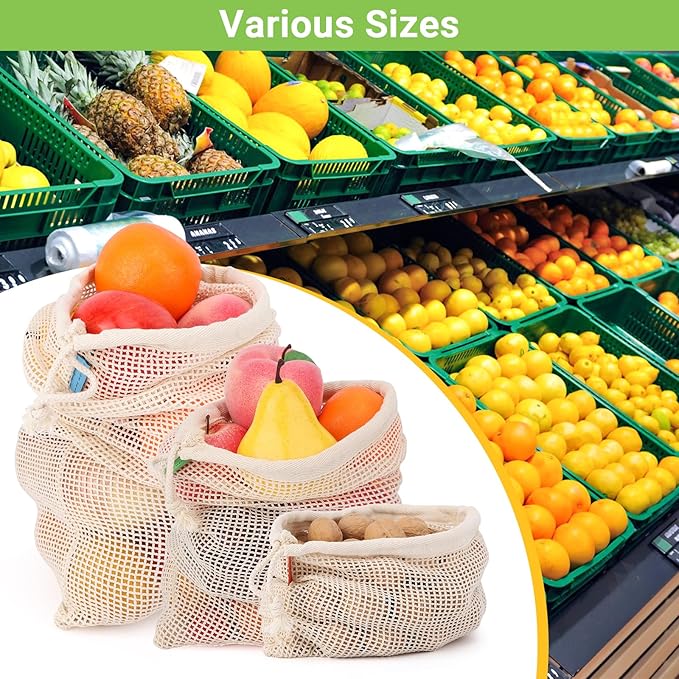 Pack of 3 Reusable Produce Bags Washable, 11x17 Inch Large Reusable Grocery Bags Heavy Duty Cotton Bag Produce Storage, Enhanced Closure Edge, Double Stitched, with Tare Weight