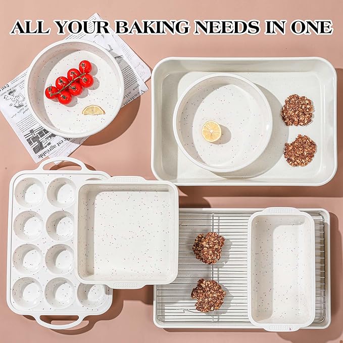 8 Pcs Baking Pans Set, Silicone Bakeware Sets with Metal Reinforced Frame, Nonstick Stackable Carbon Steel Non Toxic Baking Sets for Cooking (Cream)