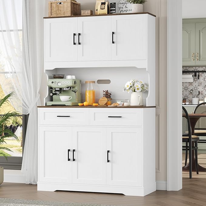 FACBOTALL Tall Kitchen Pantry Cabinet, Farmhouse Food Pantry Cabinet with Doors and Adjustable Shelves, Kitchen Hutch with Countertop and Microwave Stand for Dining Room, Living Room, White