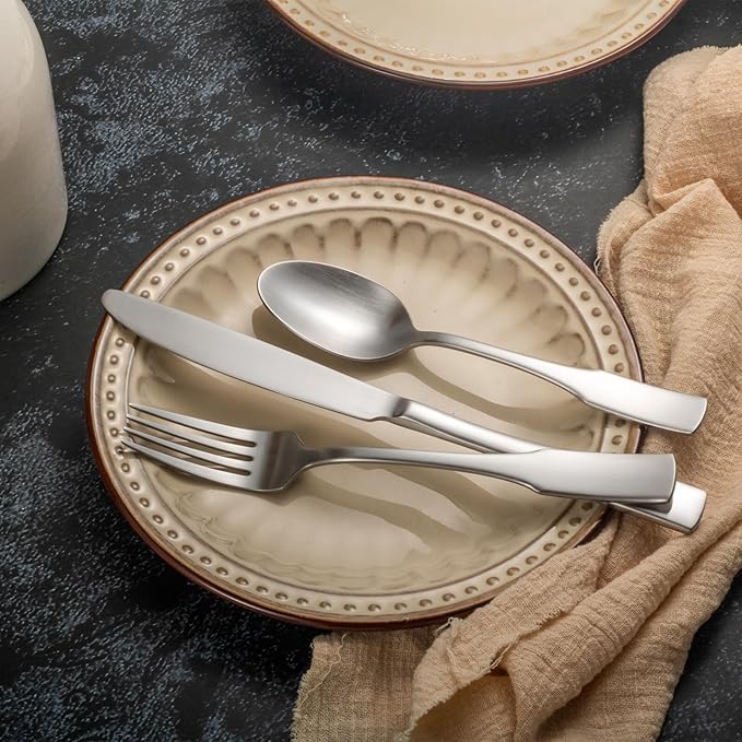 Alata Kate Satin 45-Piece Silverware Set with Utensil-Serving Set,Service for 8,Stainless Steel Flatware Set,Matte Satin Polished Cutlery Set,Dishwasher Safe